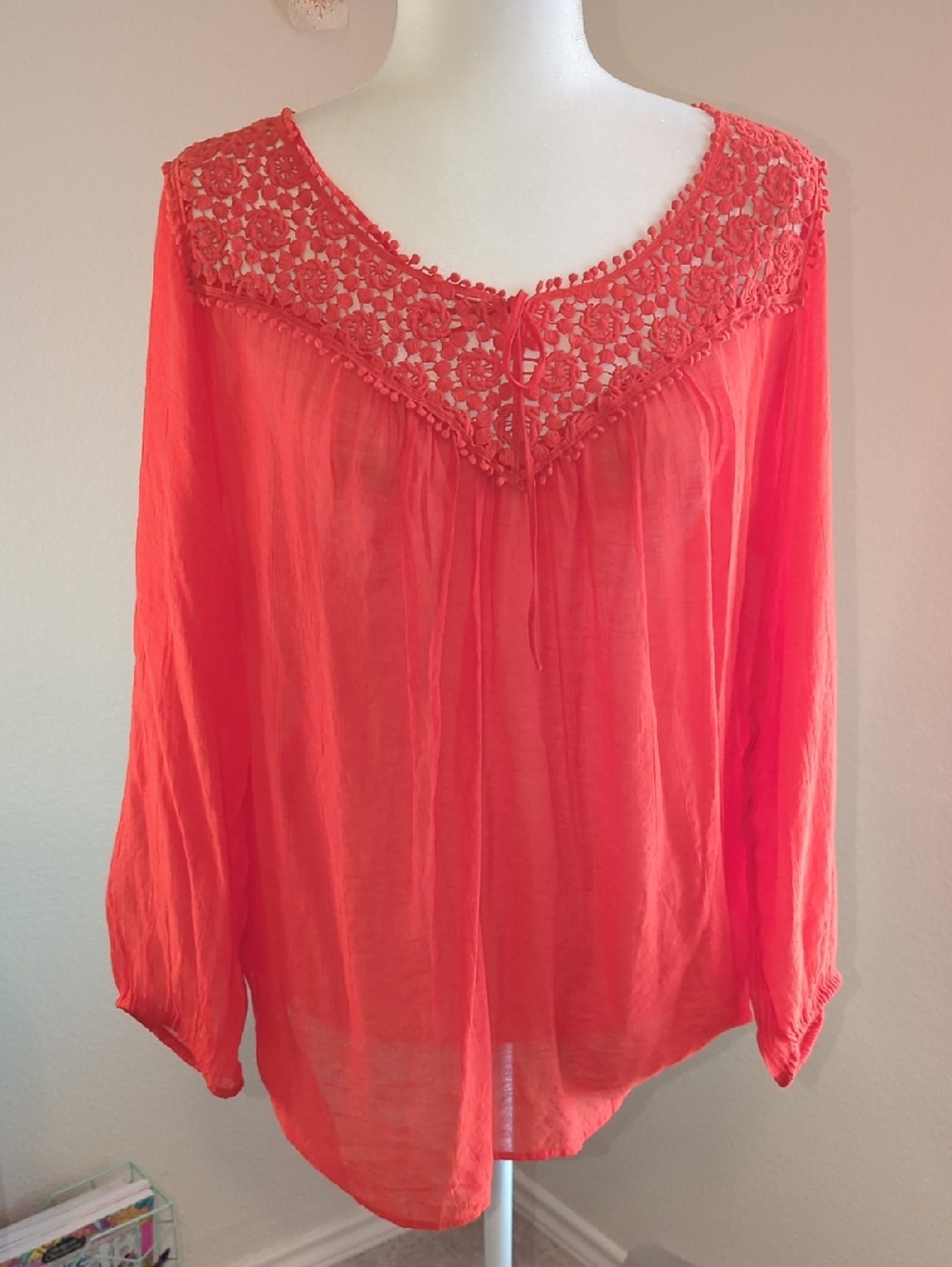 Women's Coral Crochet Yoke Peasant Blouse